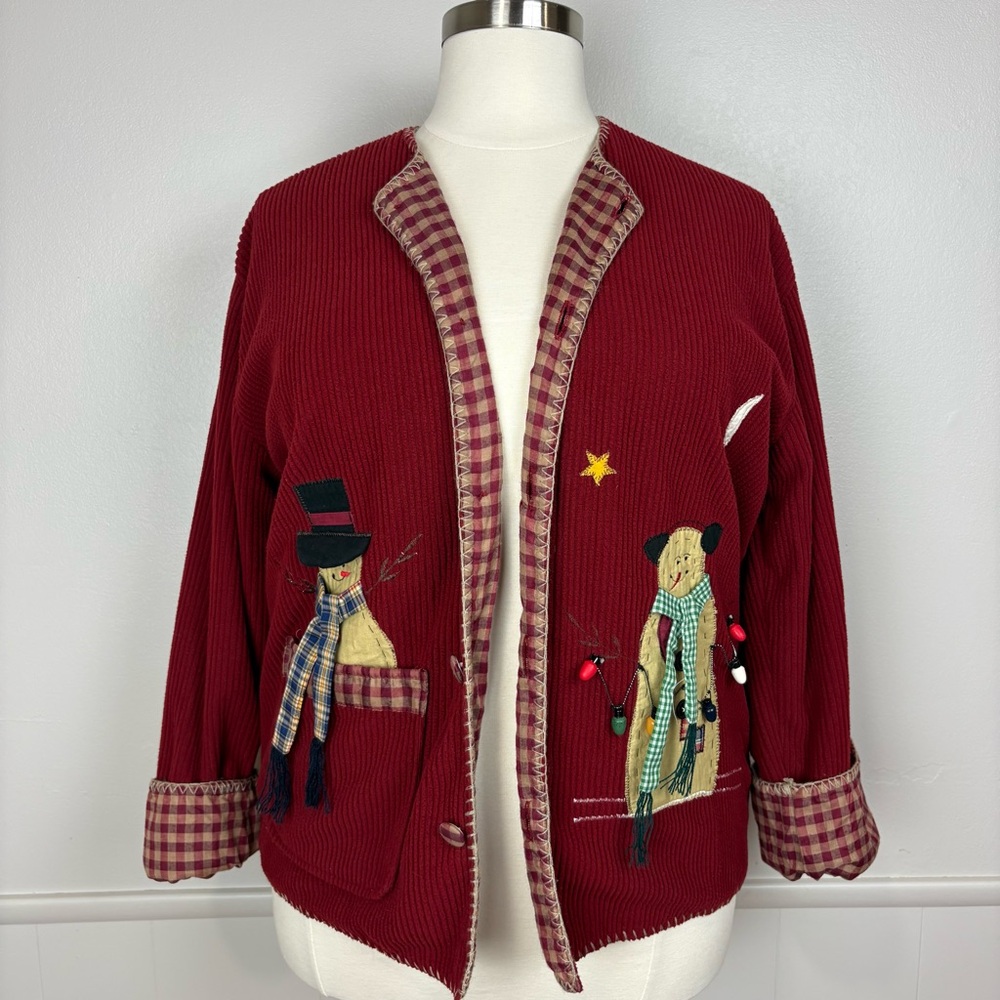Take Two Vintage Christmas Jacket Sz XL Corduroy Button‎ Up Cottage Core Snowman